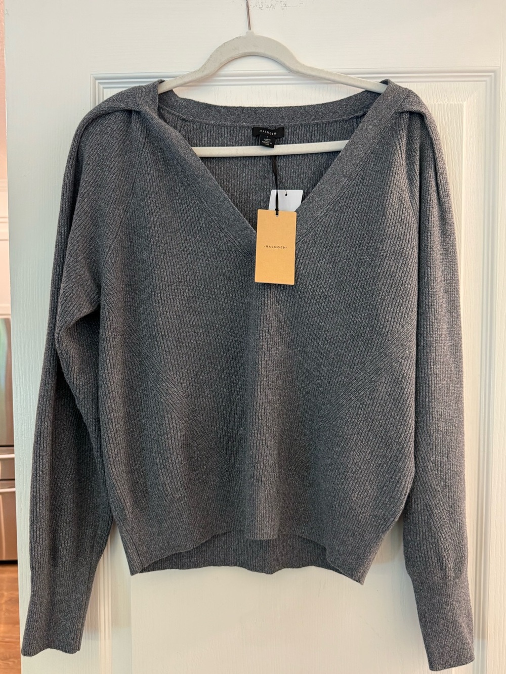 Halogen Gray V-Neck Ribbed Sweater